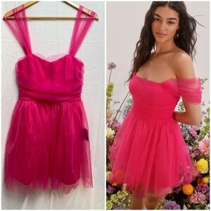 Lulus Effortlessly Remarkable Pink Tulle Off-the-Shoulder Mini Dress Size M HOCO